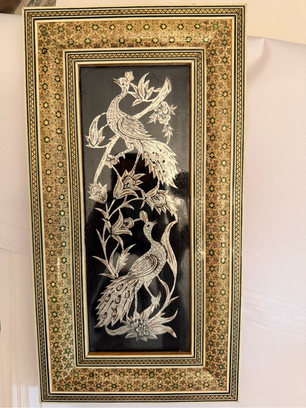 Persian khatam Ornate Peacock Wall Art Panel in Gold and